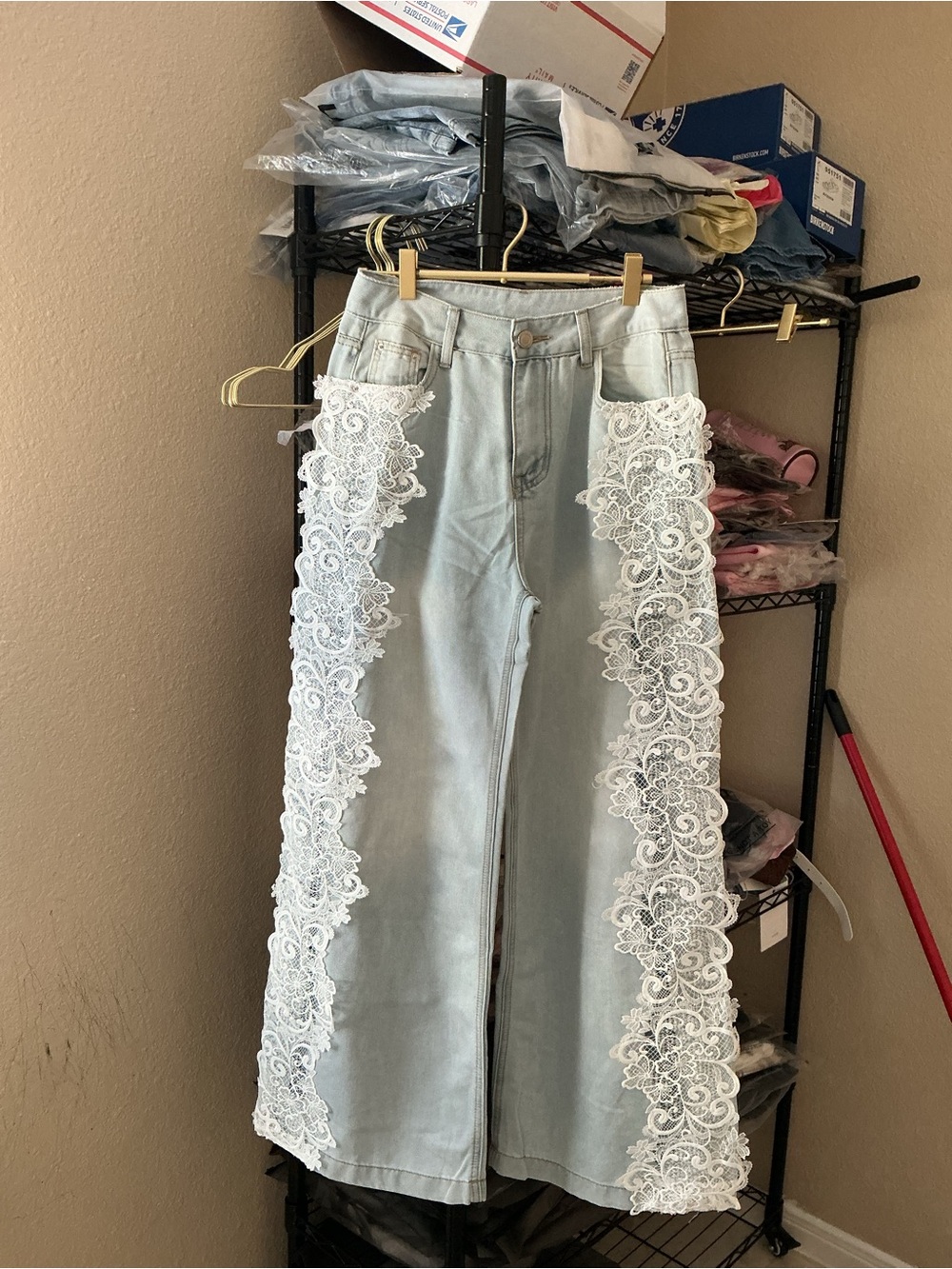 Light Blue Women's Wide-Leg Jeans with White Lace Trim